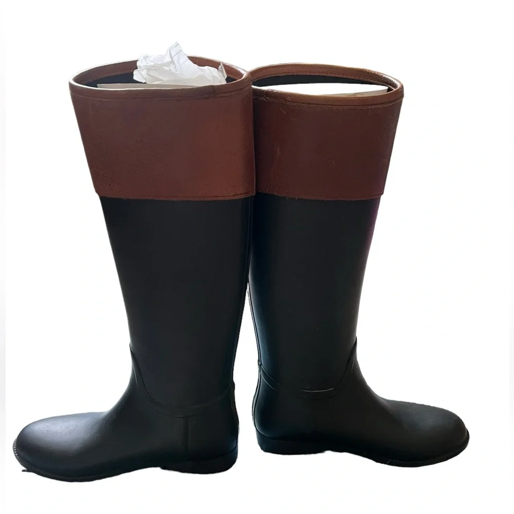 Tory Burch Diana Rubber Riding Boot Women's 8‎ 2 Tone Black/Brown With Box READ✅